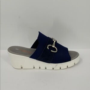 Bernie Mev Venti buckle wedge slide sandal platform harness equestrian navy 40 9